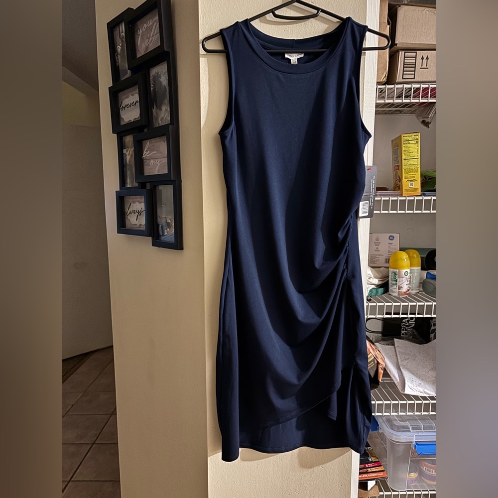 Chic Navy Blue Draped Midi Dress